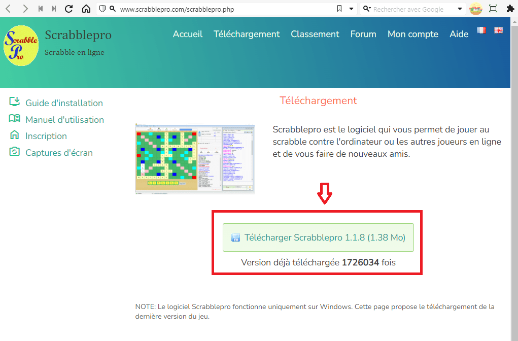 page de téléchargement de Scrabble pro